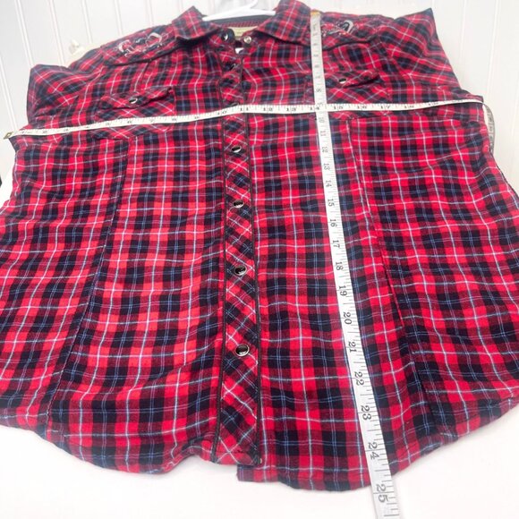 Red Multi Color Long Sleeve Button Up Pearl Snap Flannel Shirt Large - Picture 12 of 14